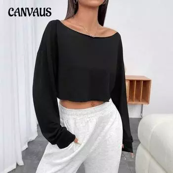 Женские однотонные повседневные топы с разрезом на плече на весну и осень с длинными рукавами XS чёрный