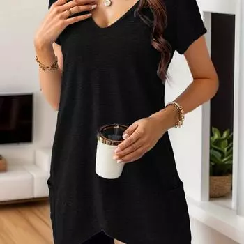 Женские однотонные повседневные универсальные модные футболки с V-образным вырезом и карманами S чёрный