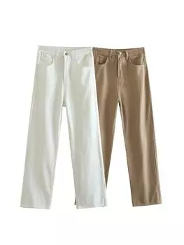 Женские однотонные прямые свободные джинсы в стиле ампир, офисные женские простые брюки с одним карманом на пуговицах, повседневные брюки на молнии для официальных мероприятий, новые S хаки