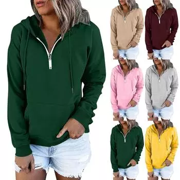 Женские однотонные пуловеры с капюшоном, повседневные толстовки с карманами на молнии и длинными рукавами L верблюд