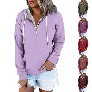 Женские однотонные пуловеры с капюшоном, повседневные толстовки с карманами на молнии и длинными рукавами L