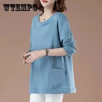 Женские однотонные рубашки, летние и осенние свободные тонкие футболки, повседневные пуловеры, эксклюзивные хлопковые топы для мам XXXXL светло-синий