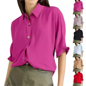 Женские однотонные рубашки с лацканами на весну и лето, повседневные рубашки с застежкой на пуговицы M