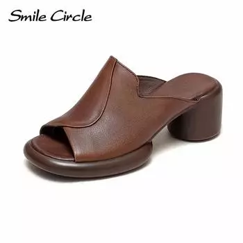 Женские однотонные сандалии без шнуровки на массивном каблуке из натуральной кожи, модные туфли в стиле ретро на толстой подошве 35 коричневый