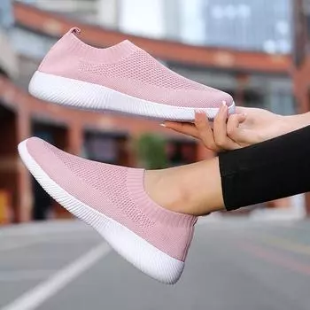 Женские однотонные сетчатые кроссовки Flying Woven Walking Fashion Slip-on Flat Shoes Sports Running Tennis 35