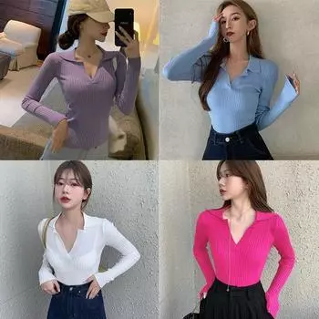Женские однотонные сексуальные обтягивающие повседневные трикотажные футболки с длинными рукавами с лацканами, топы 2020