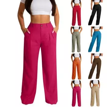 Женские однотонные широкие брюки, длинные брюки, повседневные брюки, плиссированные брюки с высокой талией, свободная талия, повседневные брюки на молнии с пуговицами XXL хаки