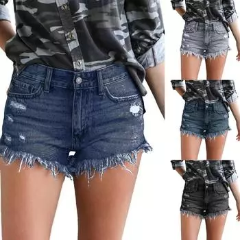 Женские однотонные шорты с отверстиями, высокие джинсы, расклешенные модные шорты, брюки L чёрный