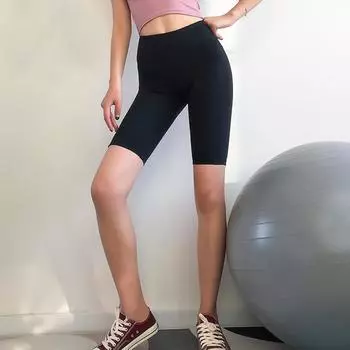Женские однотонные шорты с высокой талией, эластичные бесшовные тонкие велосипедные штаны для йоги S чёрный