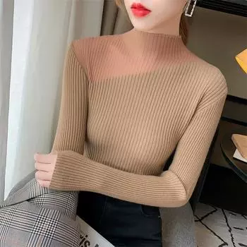 Женские однотонные свитера, осенние и зимние облегающие пуловеры с длинными рукавами, сексуальные вязаные топы с сетчатым воротником, одежда 29040 One Size абрикосовый