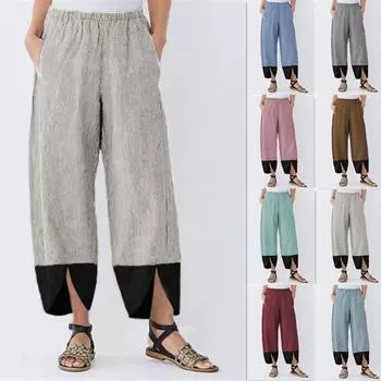Женские однотонные свободные брюки из хлопка и льна в стиле пэчворк, повседневные брюки нестандартной формы L бежевый