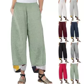 Женские однотонные свободные брюки из хлопка и льна в стиле пэчворк, повседневные брюки нестандартной формы XL