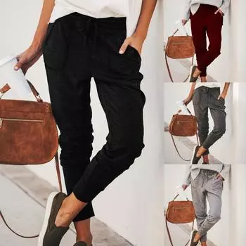 Женские однотонные свободные брюки на резинке с карманами и карманами для свободного времени M чёрный