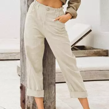 Женские однотонные свободные брюки с карманами и карманами для свободного времени XXL бежевый