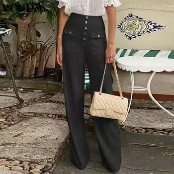 Женские однотонные свободные брюки VONDA с карманами на пуговицах 5XL зелёный