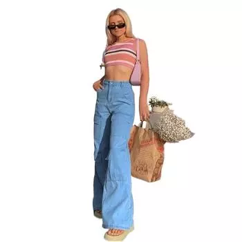 Женские однотонные свободные джинсы с широкими штанинами и большим карманом 2XL светло-синий