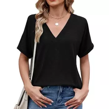 Женские однотонные свободные футболки с короткими рукавами и большим V-образным вырезом — модные и универсальные L чёрный