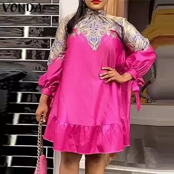 Женские однотонные свободные платья VONDA больших размеров с воротником-стойкой и длинными рукавами и завязками с принтом