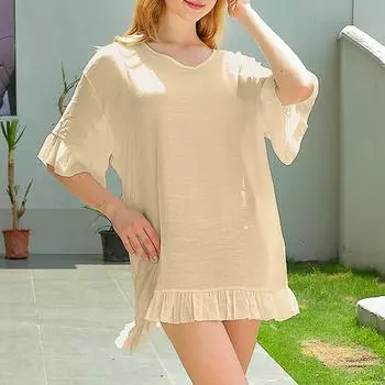 Женские однотонные свободные повседневные платья в стиле отпуска с v-образным вырезом и рюшами и рукавами-мухами One Size бежевый