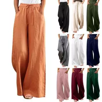 Женские однотонные свободные повседневные широкие брюки из хлопка и льна с высокой талией XXL чёрный