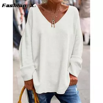 Женские однотонные свободные повседневные удобные футболки с v-образным вырезом и длинными рукавами из Европы и США S белый