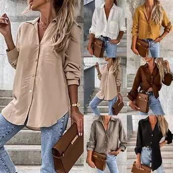 Женские однотонные свободные повседневные женские рубашки с длинным рукавом и V-образным вырезом XXL хаки
