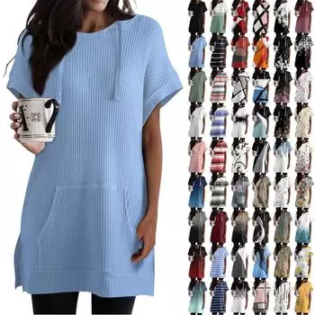 Женские однотонные свободные рубашки, толстовки с короткими рукавами и шнурком, вязаная туника с боковыми разрезами, топы с капюшоном и карманом L