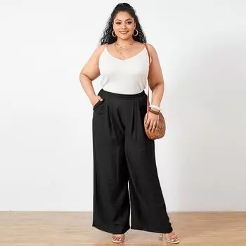 Женские однотонные свободные широкие брюки с карманами на талии большого размера