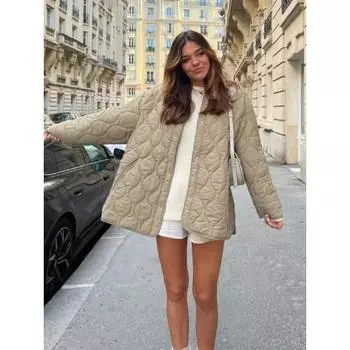 Женские однотонные свободные стеганые куртки, пальто с круглым вырезом, длинным рукавом, двумя карманами, повседневное пальто, осень-зима, новое женское шикарное пальто S