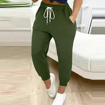 Женские однотонные свободные утягивающие брюки для бега и фитнеса с высокой талией, на шнуровке, с маленьким карманом для ноги L армия зеленый