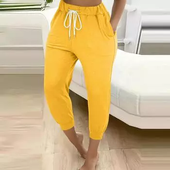 Женские однотонные свободные утягивающие брюки для бега и фитнеса с высокой талией, на шнуровке, с карманом для мелочей, длиной девять дюймов XXL жёлтый