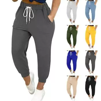 Женские однотонные свободные утягивающие брюки для бега и фитнеса с высокой талией, на шнуровке, с маленьким карманом для ноги L армия зеленый