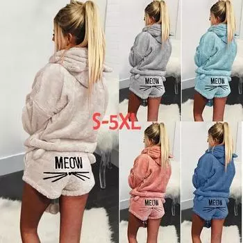 Женские однотонные теплые зимние пижамы, комплект из двух предметов, милая пижама с котом, одежда для сна с капюшоном, пижамы S розовый