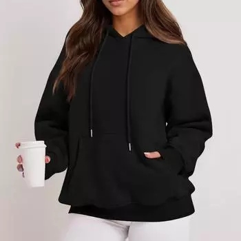 Женские однотонные толстовки с длинным рукавом и круглым вырезом Повседневные удобные свободные легкие женские толстовки L чёрный