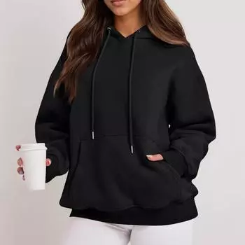 Женские однотонные толстовки с длинным рукавом и круглым вырезом Повседневные удобные свободные легкие женские толстовки XXXL чёрный