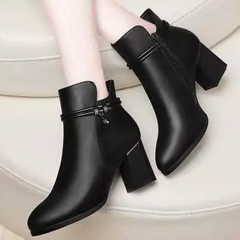 Женские однотонные толстые каблуки модные сексуальные сапоги кожаные туфли модные высокие каблуки модные сапоги короткие сапоги женская обувь 36 чёрный