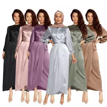 Женские однотонные тонкие длинные вечерние платья макси вечернее платье Восточный Дубай Платье Абая Кафтан Атласное мусульманское платье Абая Исламская одежда L