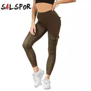 Женские однотонные тонкие леггинсы с высокой талией и множеством карманов для бега, фитнеса, йоги, брюки S чёрный