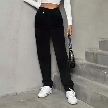 Женские однотонные тонкие повседневные свободные джинсовые брюки с высокой талией XS чёрный