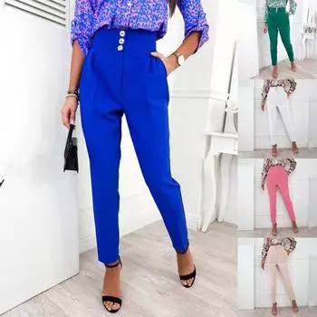 Женские однотонные тонкие пуговицы на молнии с высокой талией и карманами до щиколотки L синий