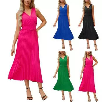 Женские однотонные тонкие темпераментные плиссированные платья с v-образным вырезом и поясом L чёрный