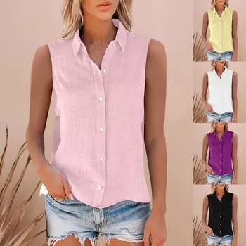 Женские однотонные топы без рукавов на пуговицах с отложным воротником, праздничный свободный жилет, футболка-майка S чёрный