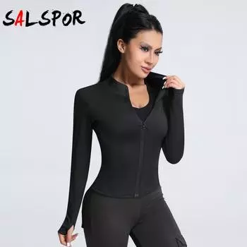 Женские однотонные топы для йоги с круглым вырезом и длинными рукавами, топы на молнии, женская спортивная одежда S чёрный