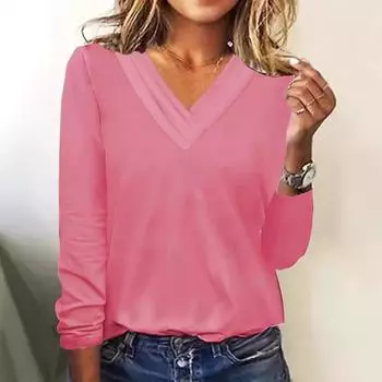 Женские однотонные топы с длинным рукавом, многослойная толстовка с V-образным вырезом, женские S