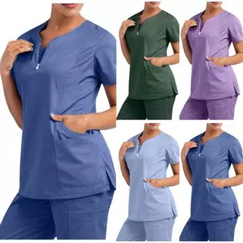 Женские однотонные топы с короткими рукавами и v-образным вырезом, рабочая форма, карманная блузка XL зелёный