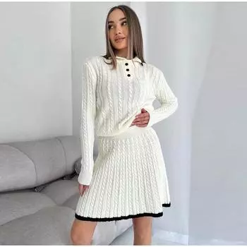 Женские однотонные трикотажные комплекты из пуловера и юбки, свитер с отложным воротником, узкие свитера с длинными рукавами и короткими юбками, элегантные женские костюмы S чёрный