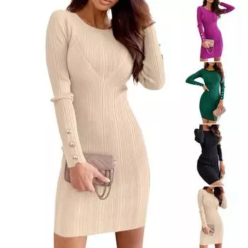 Женские однотонные трикотажные платья с круглым вырезом и плотной упаковкой, бедра с длинными рукавами и талией L чёрный