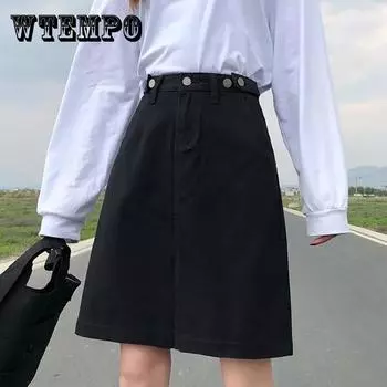 Женские однотонные юбки трапециевидной формы, женские летние джинсовые юбки с высокой талией на пуговицах, винтажные универсальные уличные повседневные юбки для девочек XL чёрный