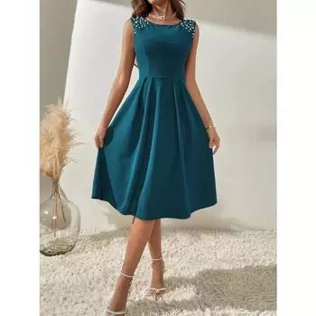 Женские однотонные узкие платья без рукавов с круглым вырезом и бисером S чёрный