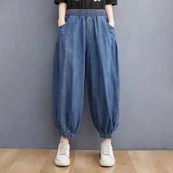 Женские однотонные винтажные джинсы, летняя мода, женские мешковатые джинсовые брюки с эластичной резинкой на талии, в японском стиле, шаровары длиной до щиколотки XXL синий